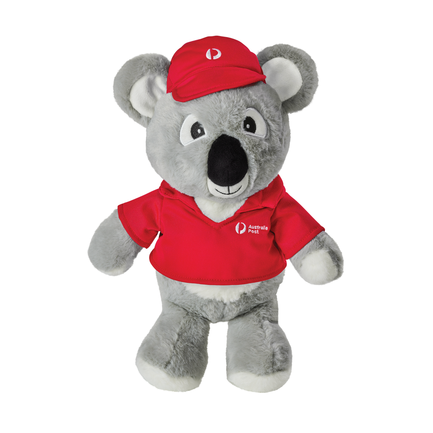 A soft plush koala toy is dressed in a bright red shirt and matching cap, both featuring the Australia Post logo