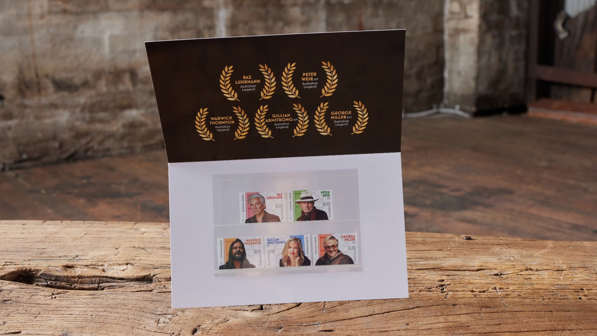 A close-up of the Australia Post Legends of Filmmaking stamp collection booklet.
