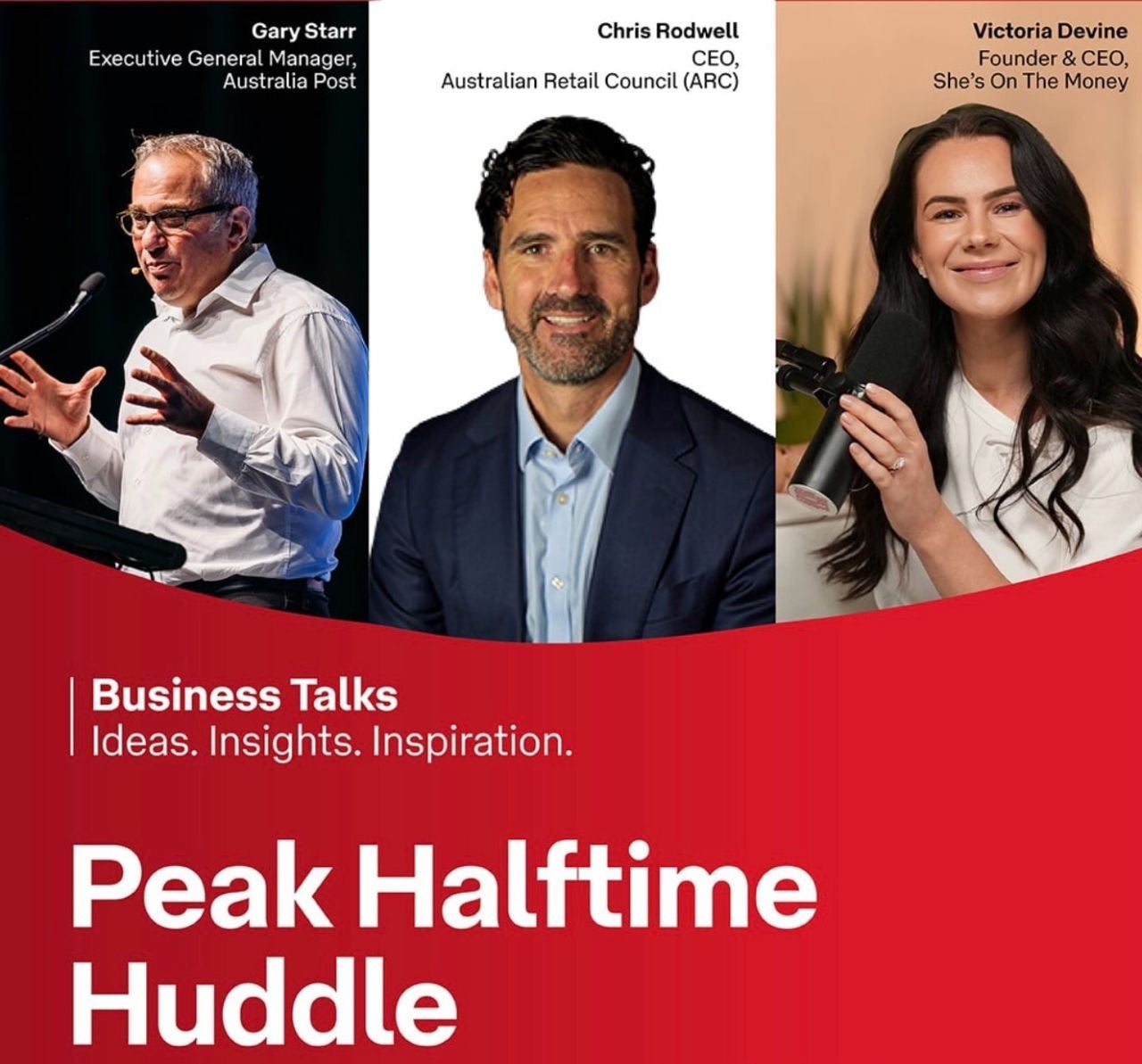 An image of speakers Garry Starr, Chris Rowl and Victoria Devine, with the text 'Peak Halftime Huddle'