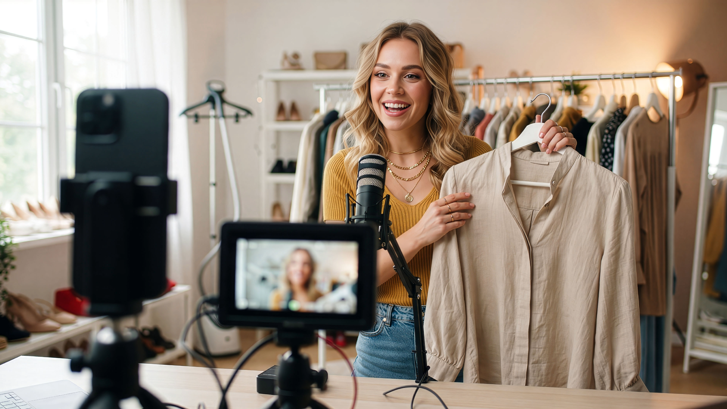 Lady presenting a shirt item during a live shopping livestream with cameras, microphone and clothing rack in the background.