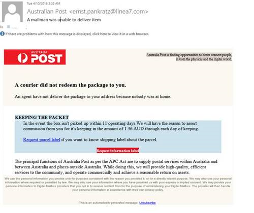 Scam Alerts Australia Post - scam email claiming to be from australia post with unauthorised sender email address off brand