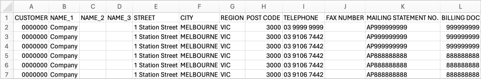 Spreadsheet showing example AP Billing Extract data, with the columns ‘CUSTOMER, NAME_1, NAME_2, NAME_3, STREET, CITY, etc.