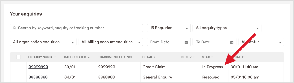 Business Support Portal dashboard showing 'Your enquires' section to check case status.