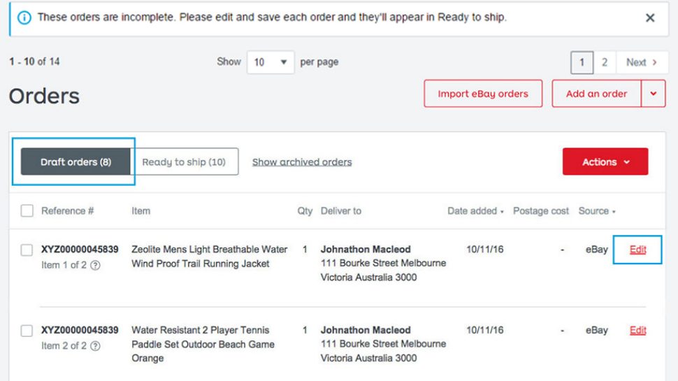 Screen shot of computer screen where you can review and edit your newly imported eBay orders.