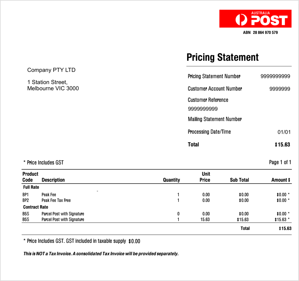 Example pricing statement.