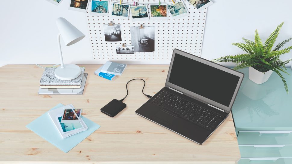 Black laptop and assortment of office supplies, including a plant, on a light timber desk.