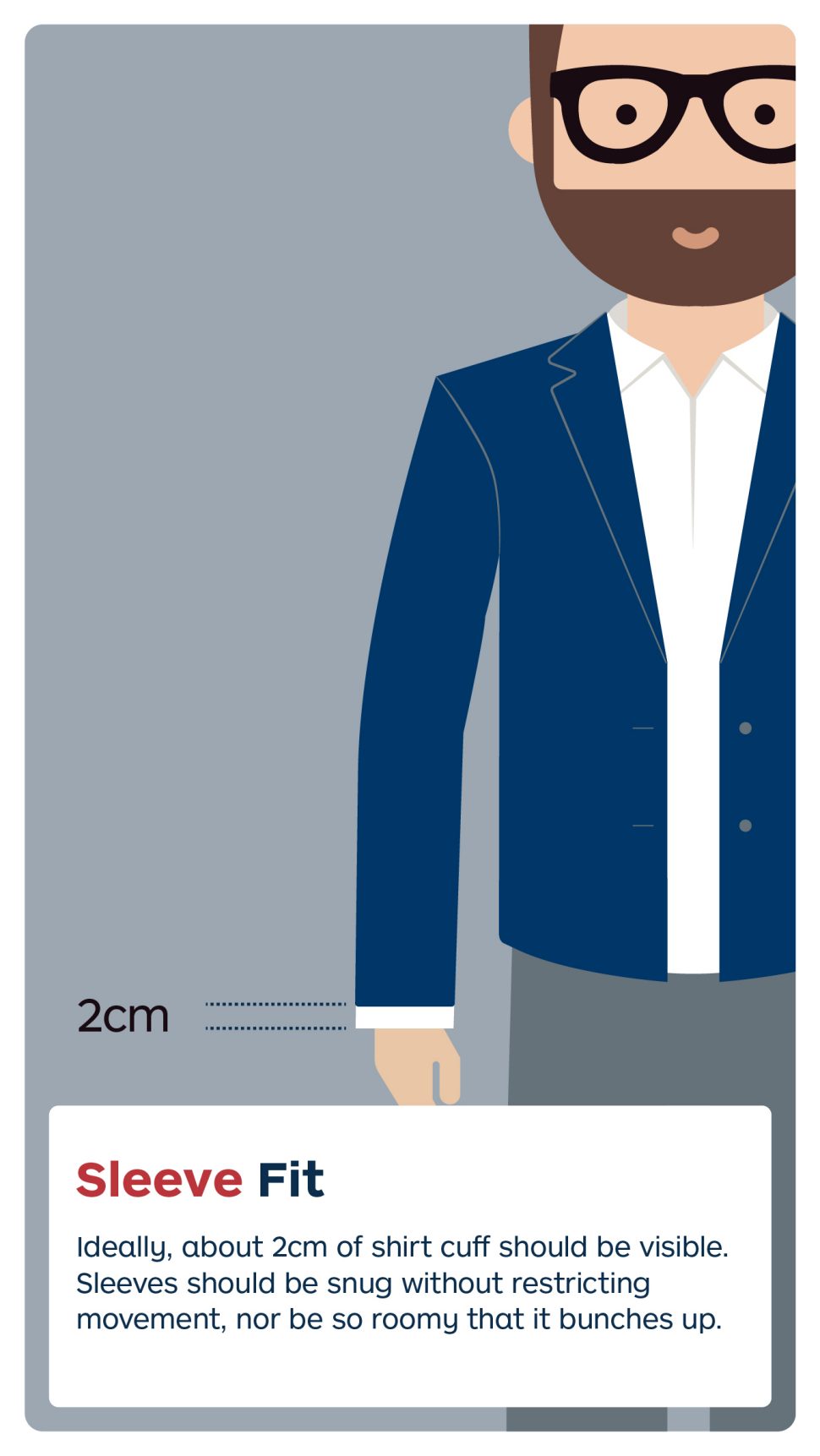 Ideally, about 2cm of shirt cuff should be visible. Sleeves should be snug without restricting movement, nor be so roomy that it bunches up.