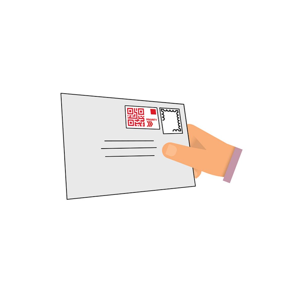 Illustration of a person's hand holding a letter with a stamp and priority label affixed.