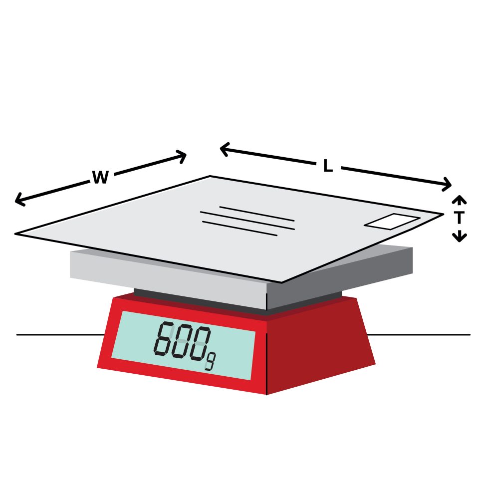 Illustration of letter on a scale, with the weight read out showing 600g and arrows to measure the weight, length and thickness of the letter.