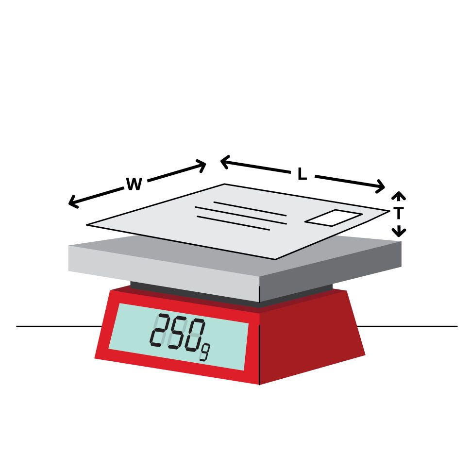 Illustration of letter on a scale, with the weight read out showing 250g and arrows to measure the weight, length and thickness of the letter.