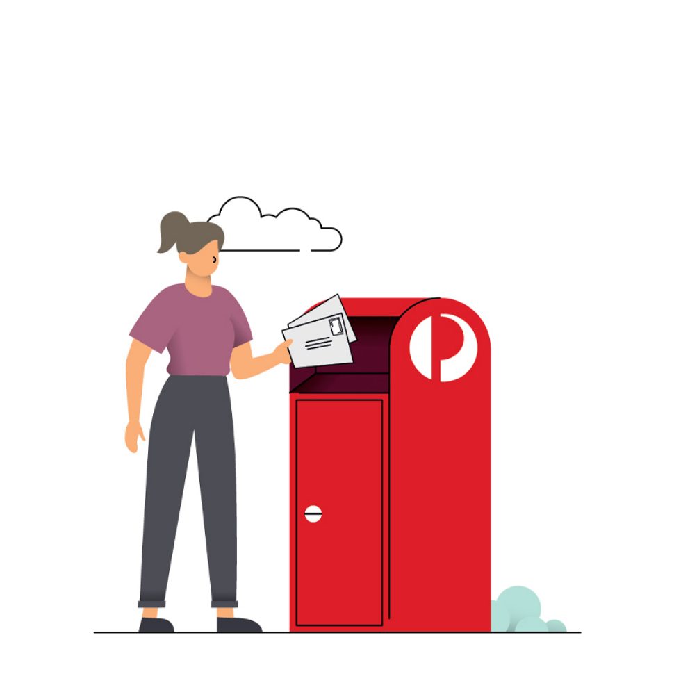 Illustration of a woman placing letters in a street red posting box.