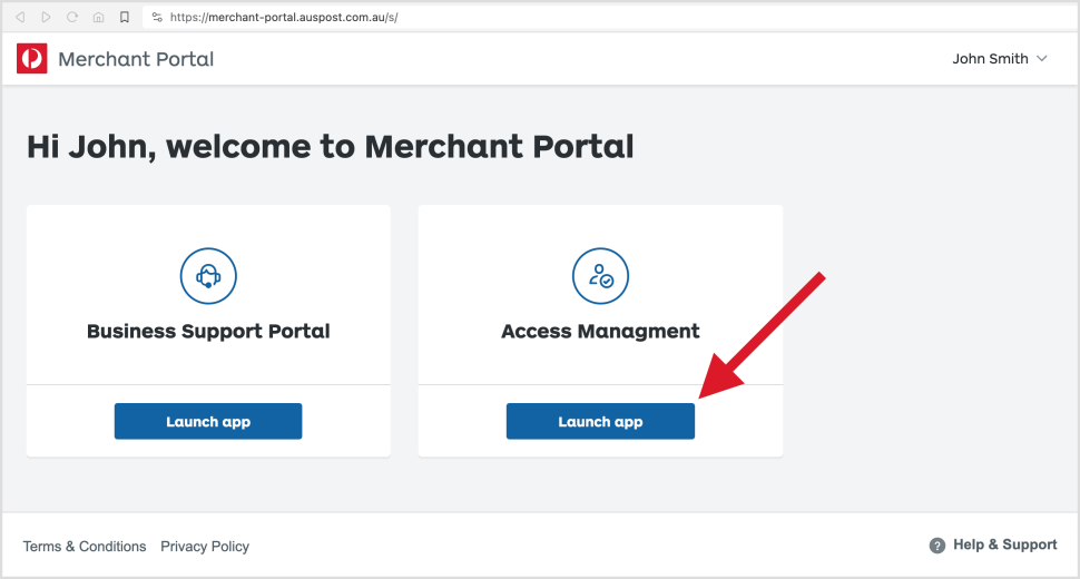 Merchant Portal dashboard showing Access Management 'Launch app' button.