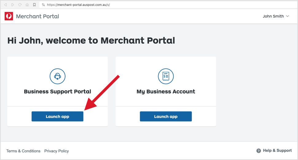 Merchant Portal dashboard showing Business Support Portal 'Launch app' button.