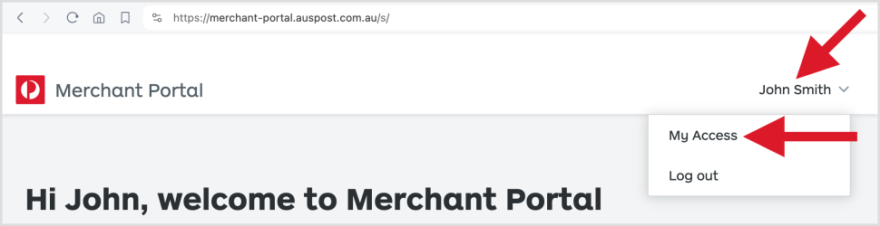 Merchant Portal dashboard showing top right menu 'My Access' link.