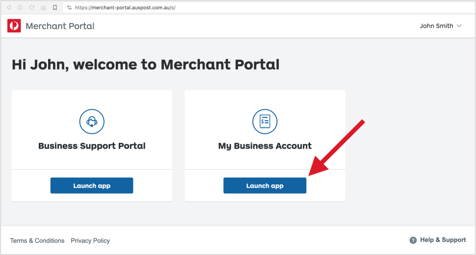 Merchant Portal dashboard showing My Business Account 'Launch app' button.