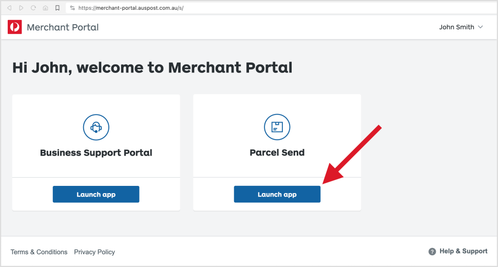 Merchant Portal dashboard showing Parcel Send 'Launch app' button.