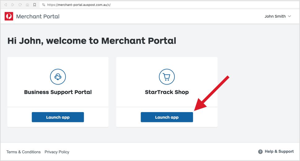 Merchant Portal dashboard showing StarTrack Shop 'Launch app' button.