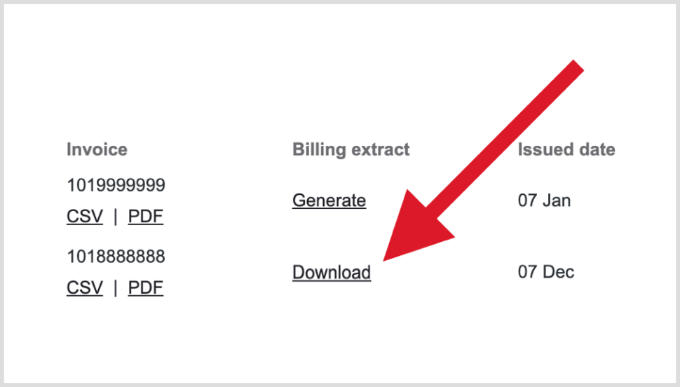 My Business Account 'Invoices' page, under the 'Billing extract' column, shows 'Download' link.