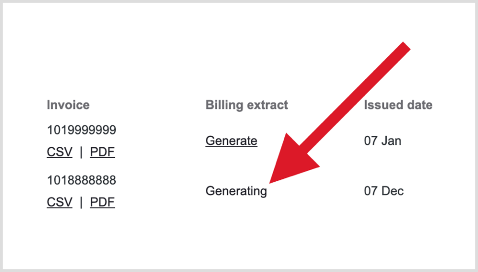 My Business Account 'Invoices' page, under the 'Billing extract' column, shows 'Generating' text label.