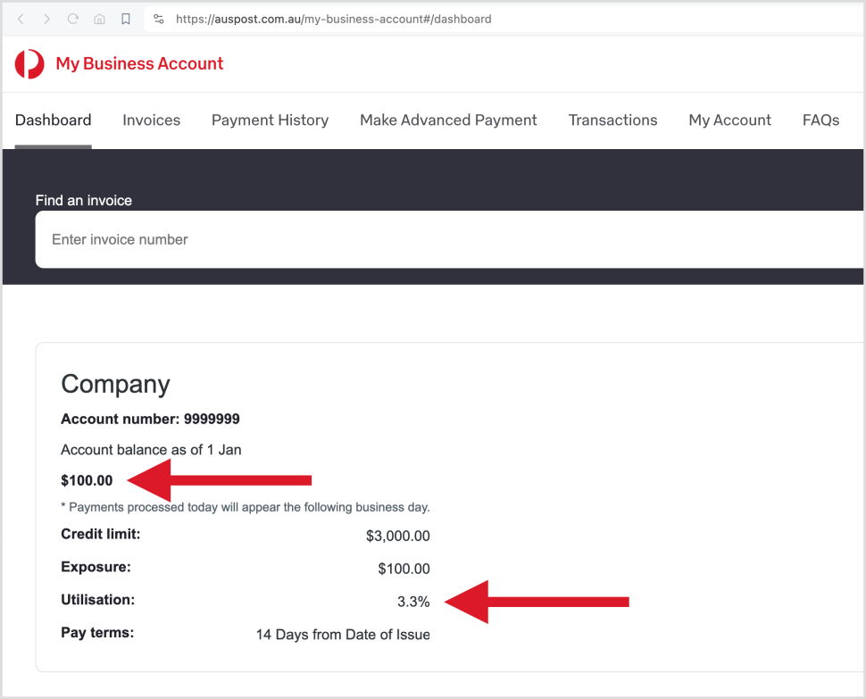 My Business Account dashboard showing account balance and usage