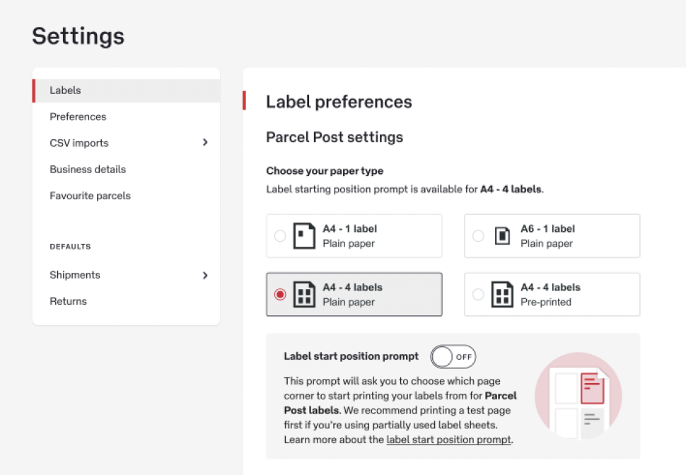The ‘Choose your paper type’ section offers four options on separate buttons. They are ‘A4 – 1 label, plan paper’, ‘A4 – 4 labels, plain paper’, ‘A6 – 1 label, plain paper’, and ‘A4 – 4 labels, pre-printed'.