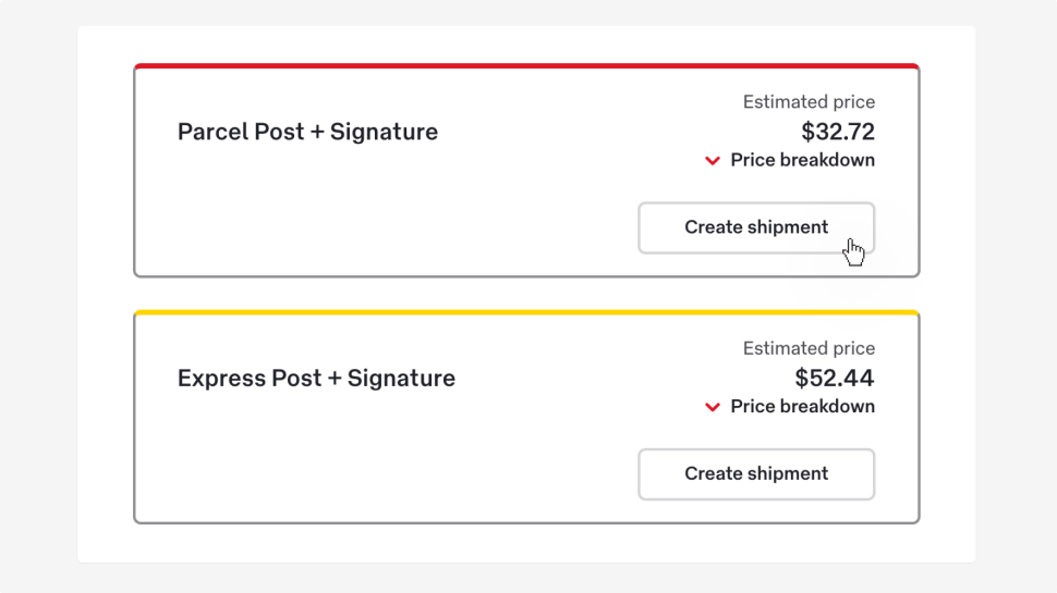 The quote results page showing two options: Parcel Post + Signature with an estimated price of $32.72, and Express Post + Signature with an estimate price of $52.44. Each option has a Create Shipment button. 