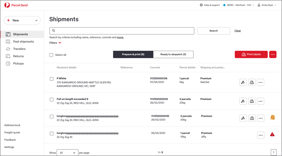 The shipments screen shows a list of shipments. One shipment has an orange magnifying glass icon on the right-hand side, showing that this shipment has been autocorrected and needs to be checked. One shipment has a red exclamation mark on the right-hand side, showing that this shipment is incomplete and needs to be completed.