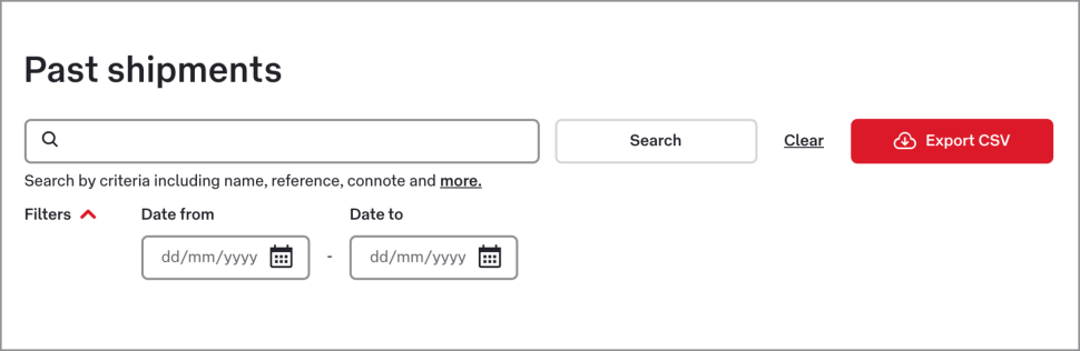 The search bar has a date filter below it, and a search button to the right of it. To the right of the Search button is the Export CSV button.