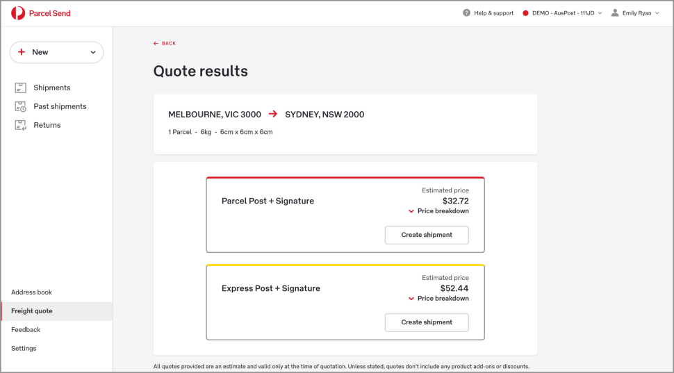 The quote results page shows a list of shipping method options with estimated prices, price breakdowns, and Create shipment buttons.