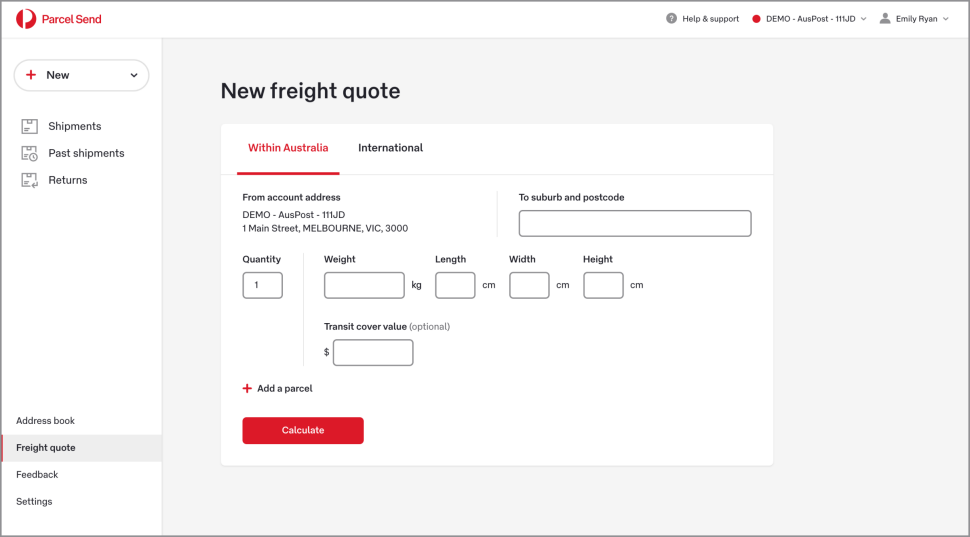 The freight quote calculator with the Within Australia tab selected.