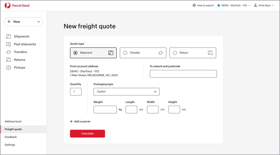 The freight quote calculator has three option buttons at the top for creating different types of quotes. The buttons read Shipment, Transfer, and Return. 