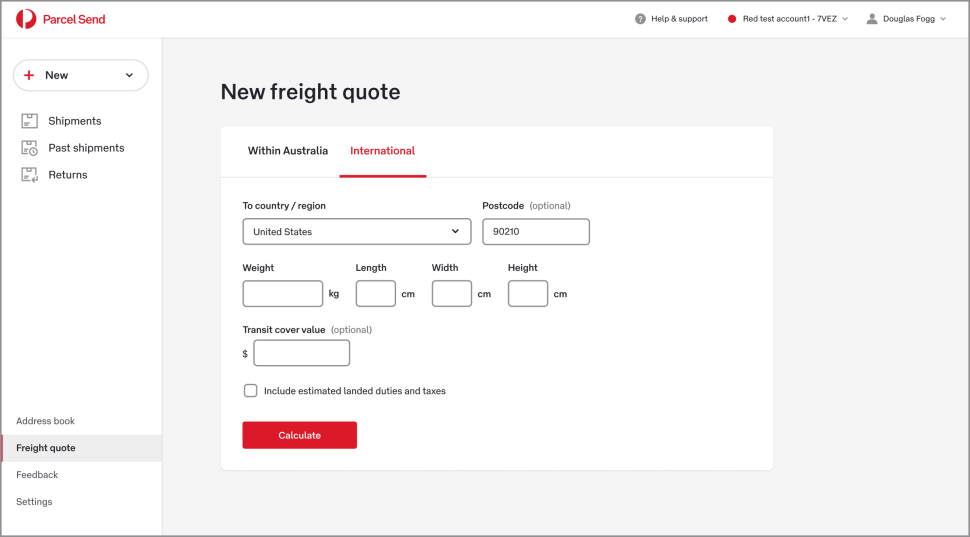 The freight quote calculator with the International tab selected.
