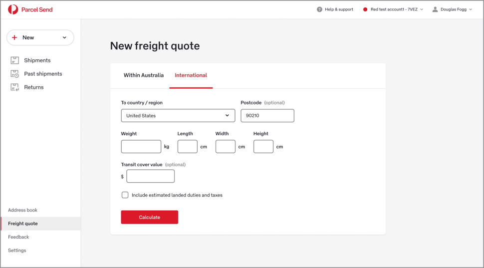 The Freight quote calculator shows the international tab with the United States chosen as the destination country. The ‘Include estimated landed duties and taxes’ checkbox is visible.