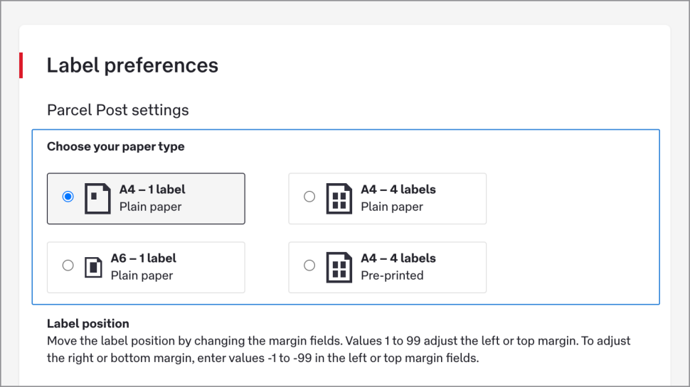 The ‘Choose your paper type’ section offers four options on separate buttons. They are ‘A4 – 1 label, plan paper’, ‘A4 – 4 labels, plain paper’, ‘A6 – 1 label, plain paper’, and ‘A4 – 4 labels, pre-printed'.