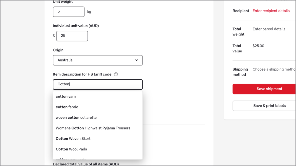 The Item description for HS tariff code field has the word ‘cotton’ typed in, and shows a drop-down list of options which include cotton, including ‘cotton yarn’, ‘cotton fabric’, and ‘cotton wool pads’. 