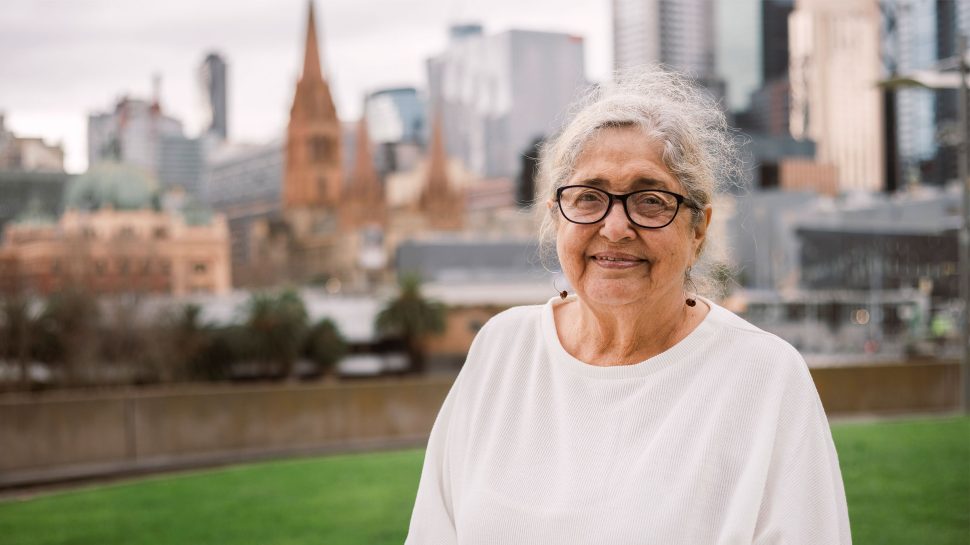 Senior Wurundjeri Elder, Aunty Joy Murphy, overlooks the Birrarung / Yarra River in Naarm / Melbourne