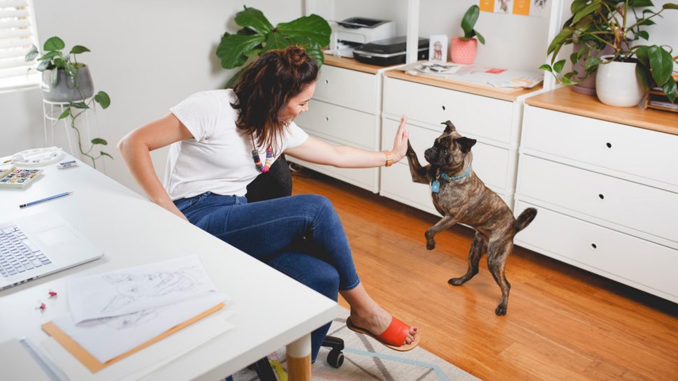 Jade Foo, founder of Creature & Cub, sitting at her desk and high-fiving a dog. 
