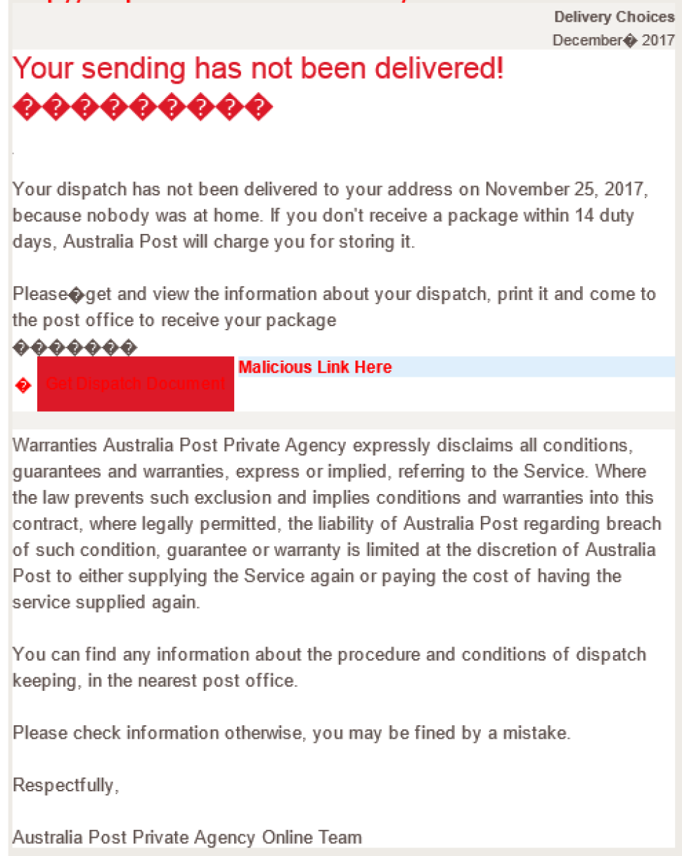Scam Alerts Australia Post - sample scam an email appearing to be from australia post the title reads