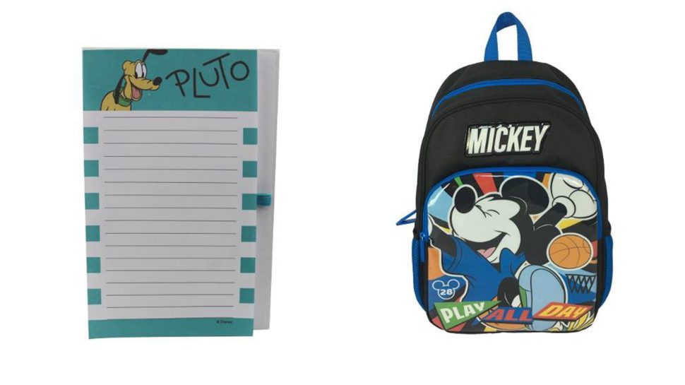 A To Do notepad with an image of Pluto and his name at the top, and a Mickey Mouse backpack