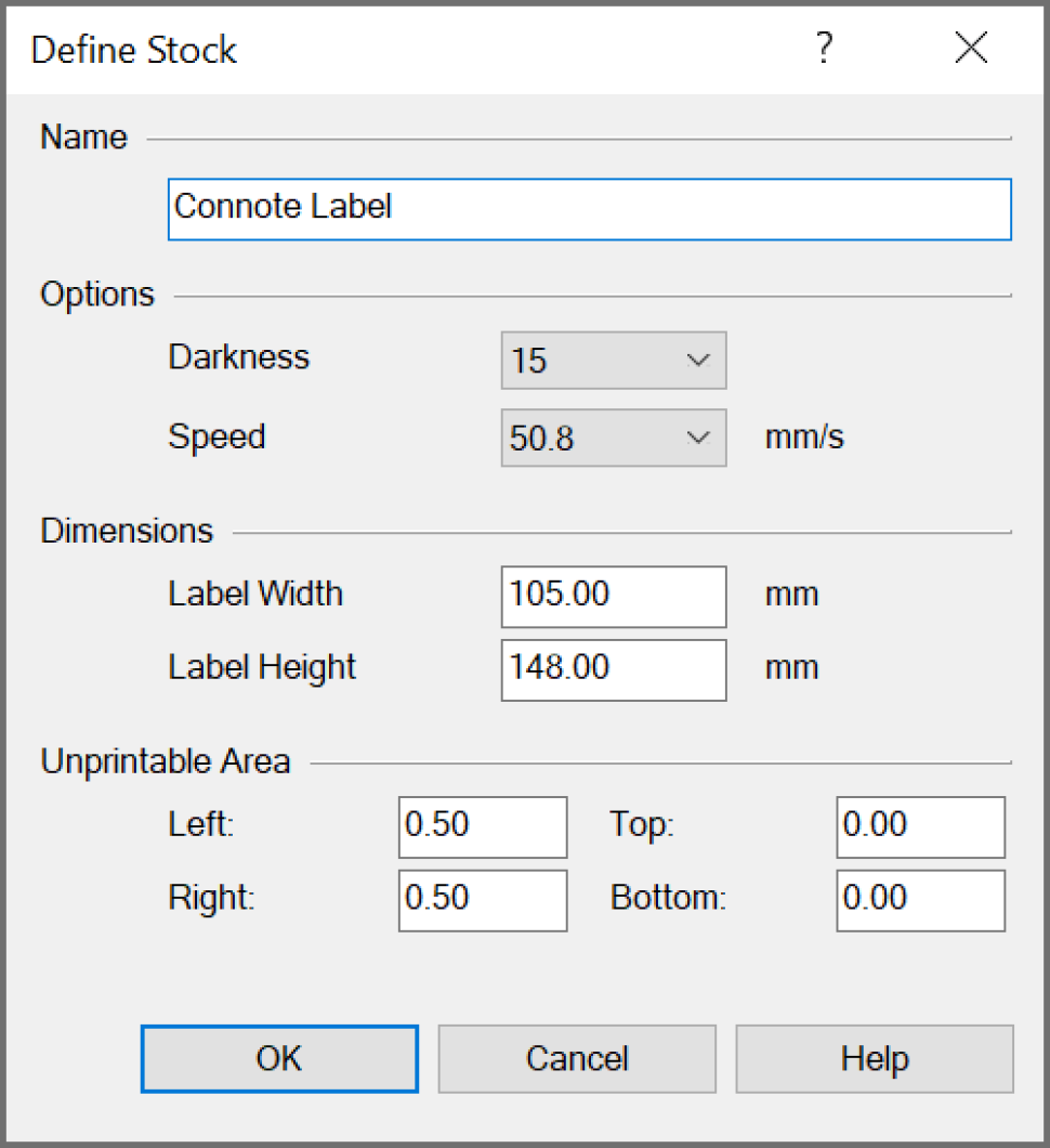 Screenshot of Define Stock UI. The figures to enter are the same as in Step 3 of Set the label size dimension on the printer.
