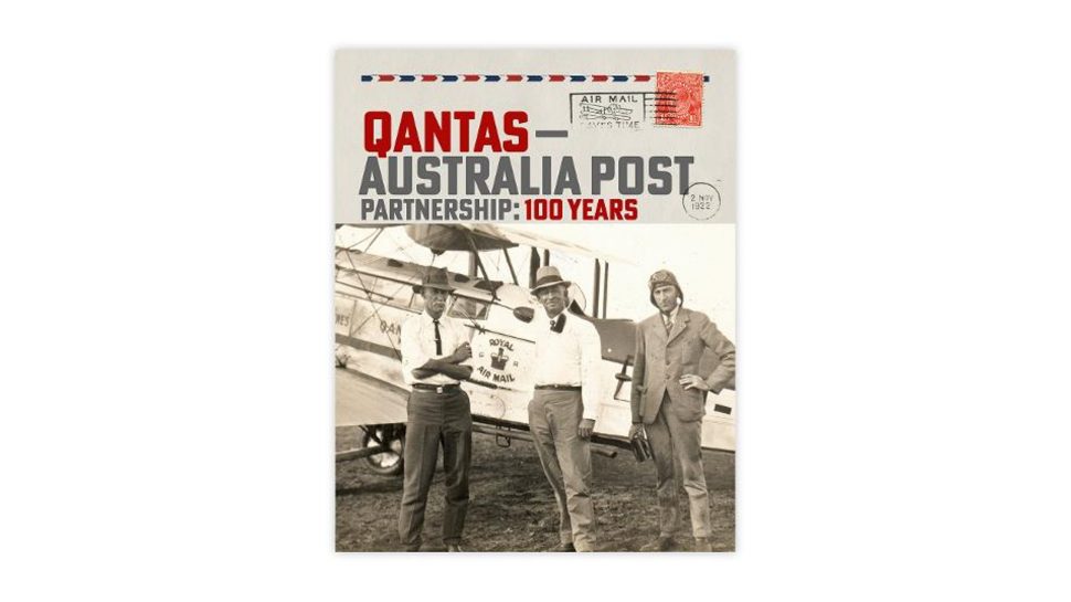 MyStamps Pack featuring black and white image of Qantas founders. Text reads: Qantas—Australia Post Partnership: 100 Years.