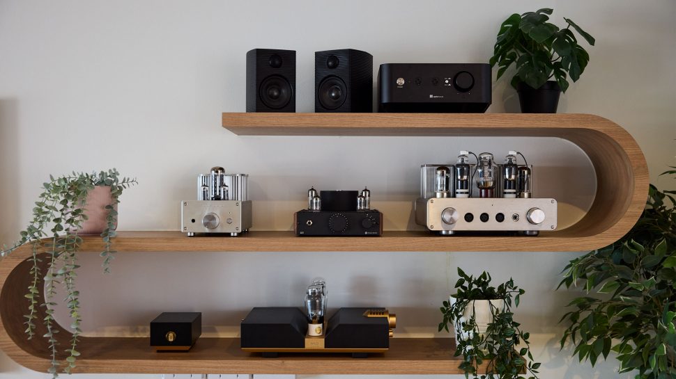 A range of audio equipment on shelves