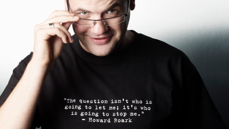 Ruslan Kogan, founder of Kogan.com wearing a t-shirt that says: "The question isn't who is going to let me; it's who is going to stop me." - Howard Rourk