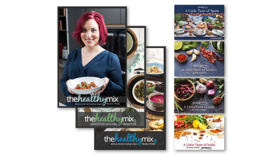 Multiple covers of Skinnymixers cookbooks. 