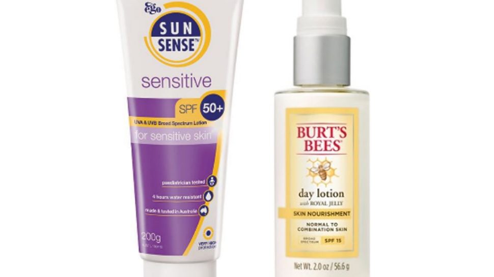 Chemist Warehouse products: Ego brand SPF 50 sunscreen and Burt’s Bees sun lotion