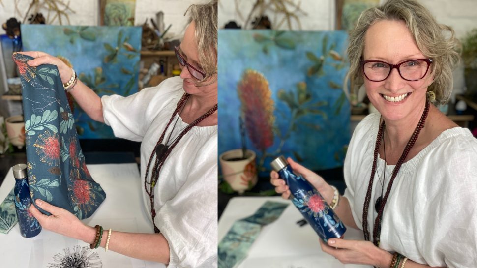 Trudy Rice in her studio with her range of Australia Post products