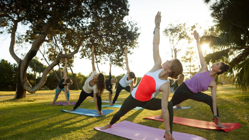 Young women practicing yoga in the park on a beautiful afternoon.