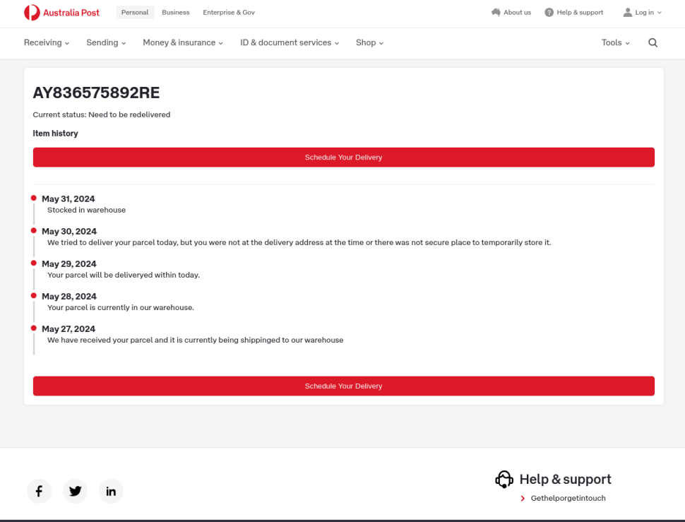 Screenshot of a parcel tracking page from Australia Post. The tracking number AY8365675892RE is at the top. Below, the item history shows a red banner stating ‘Rescheduled: Delivery Delayed’ and lists four status updates. May 30, 2024, indicates an unsuccessful delivery with a note that the address was not clear enough to find. May 29, 2024, shows the parcel was delayed with no new place to temporarily store it. May 28, 2024, states the parcel was shipped to a warehouse in another state due to an error in sorting. May 27, 2024, marks when the parcel was received and is currently being shipped