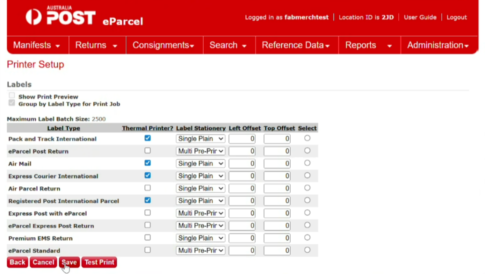 Screenshot of eParcel's Printer Setup screen