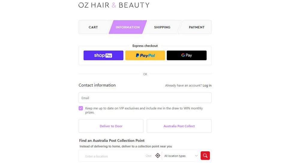 The checkout page on OZ Hair & Beauty’s website.  